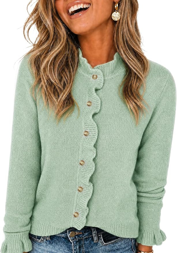 Wenrine Womens Ruffle Cardigan Sweaters Casual Button Down Knit Tops Coat | Amazon (US)