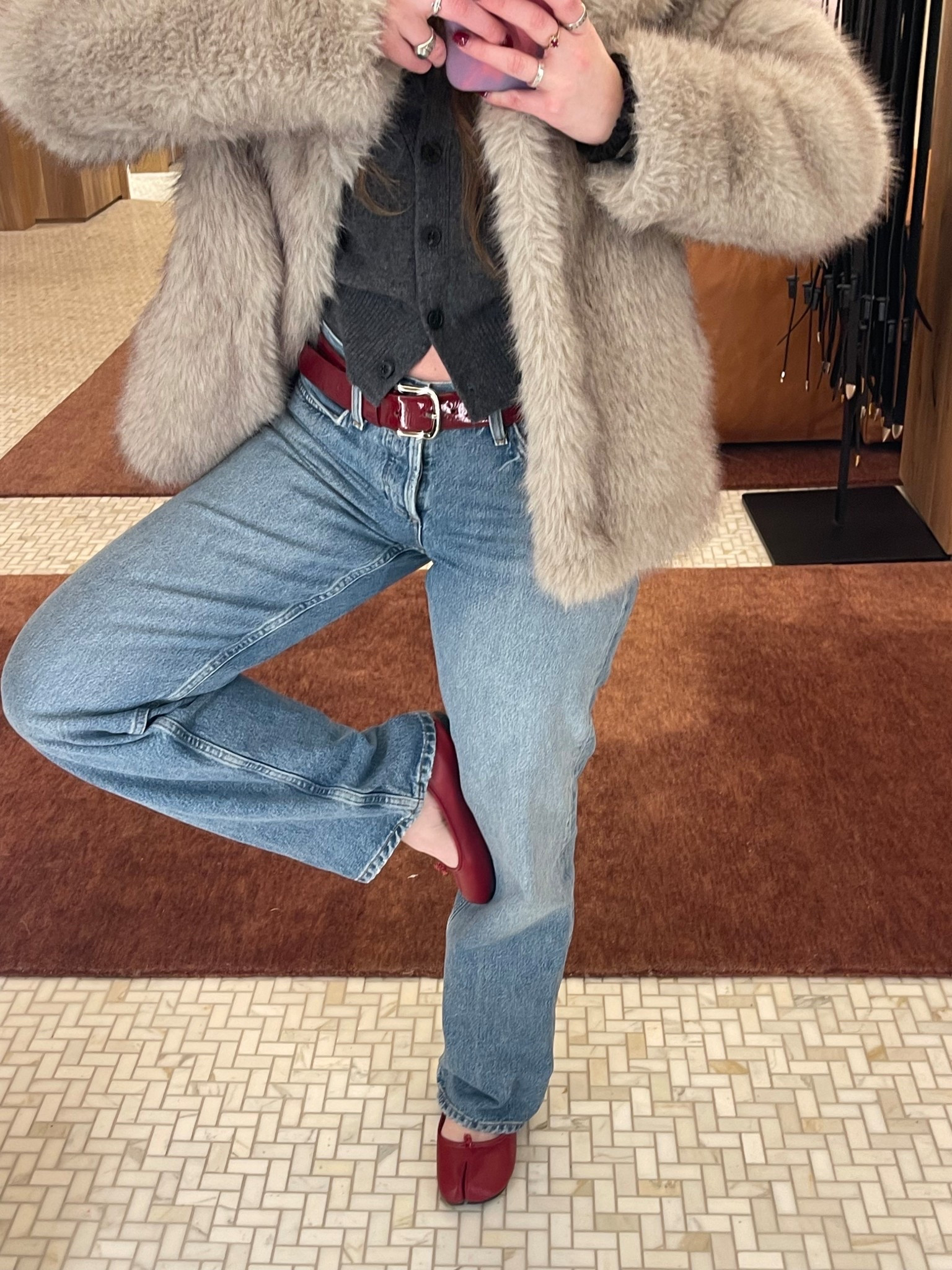 fur coat aritziw outfit with jeans and tabis and cashmere sweater and red 

#LTKootd #LTKWorkwear #LTKPetite