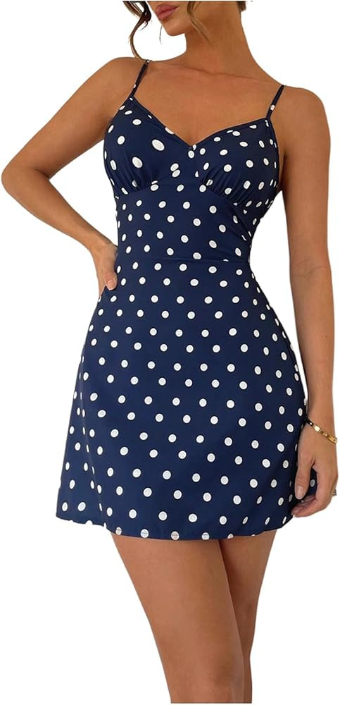 Milumia Women's Polka Dots Ruched Bust Cami Dress Spaghetti StrapV Neck A Line Short Dresses | Amazon (US)