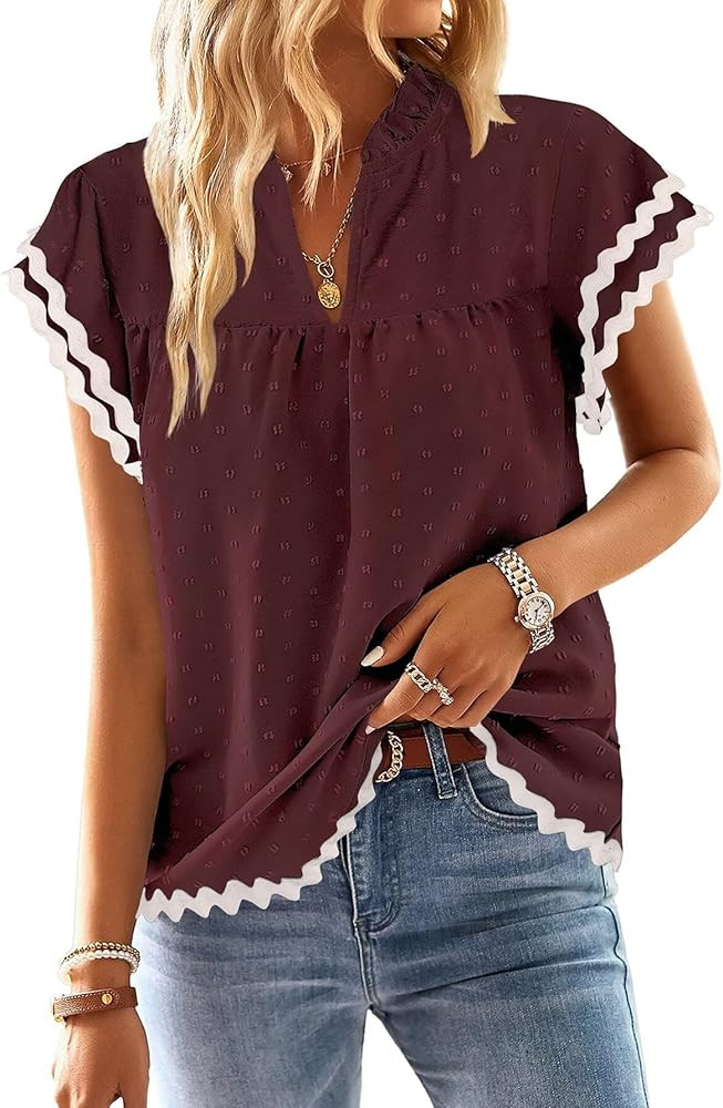 Falechay Womens Tops Summer Short Ruffle Sleeve V Neck Blouses Cute Boho Swiss Dot Lace Shirts Ca... | Amazon (US)