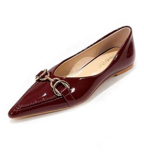 JOEupin Women's Pointed Toe Ballet Flats, Patent Leather Dress Shoes with Gold Buckle, Comfortable Slip-on Loafers for Office Work & Wedding, Elegant Burgundy Business Casual Shoes | Amazon (US)