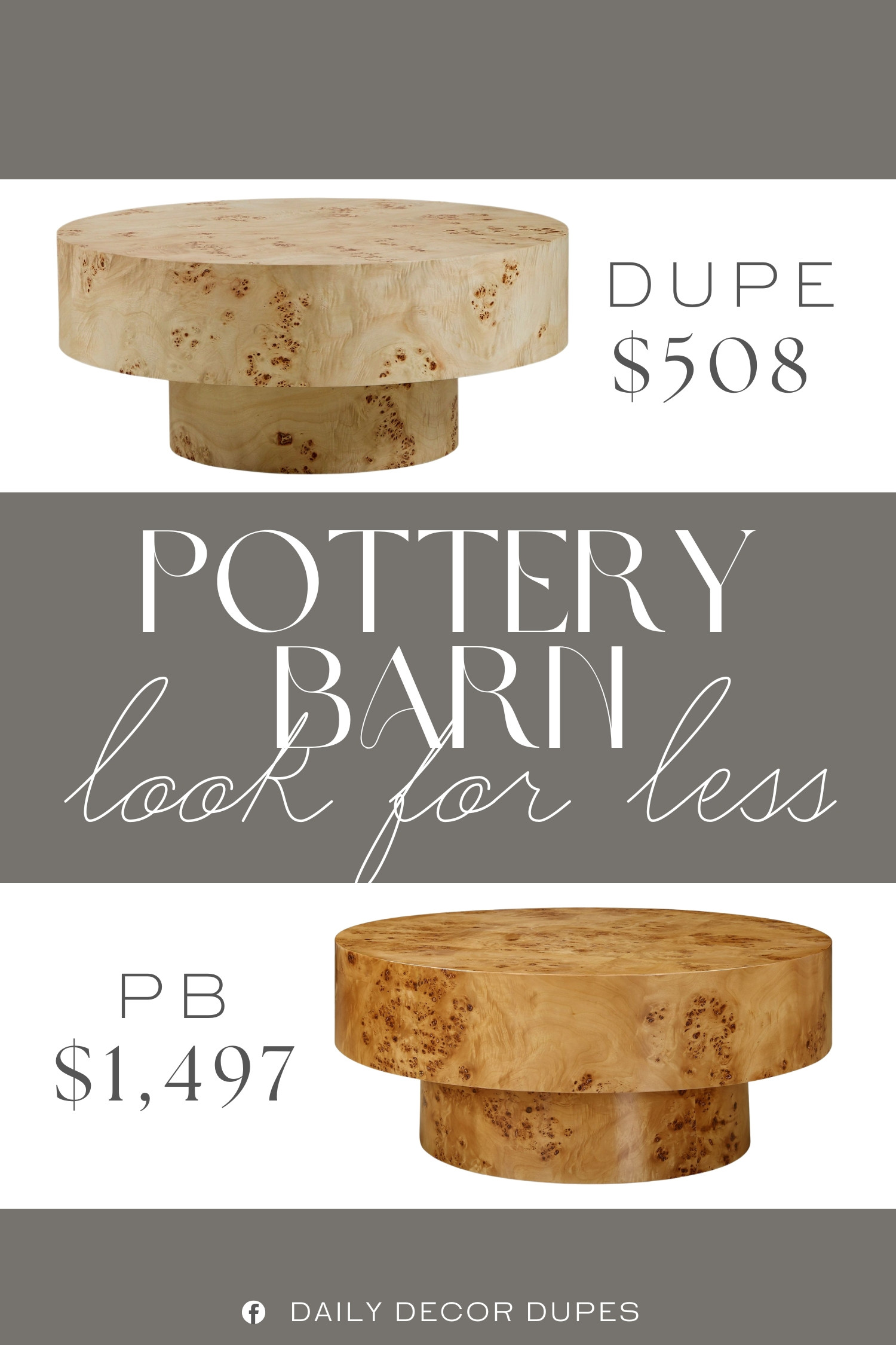 Inspired by Pottery Barn Round Coffee Table. Mid-Century Modern Coffee Table. Contemporary Round Center Table. Burl Wood Coffee Table. Solid Wood Round Table. Round Pedestal Coffee Table. Cylindrical Base Living Room Table. Textured Wood Pedestal Table. 

Home more affordable option find copy cat similar look for less budget friendly affordable cheap cheaper beautiful pretty. Clearance sale coupon code discount code promo code luxury lookalike look a like Inspo inspiration inspired by idea ideas Love like these? I share multiple every day in my FB group.
#potterybarninspired #coffeetable #centertable #livingroomtable #livingroominspo #furniturefinds #woodtable #burlwood #woodfurniture 

 #LTKHome