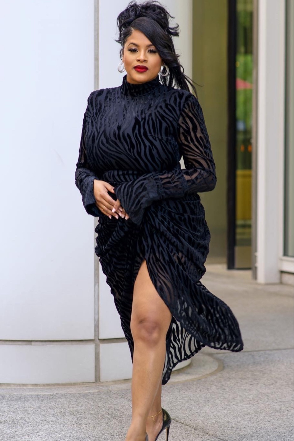 plus black zebra devore high neck draped midi dress JessicaChristen on LTK