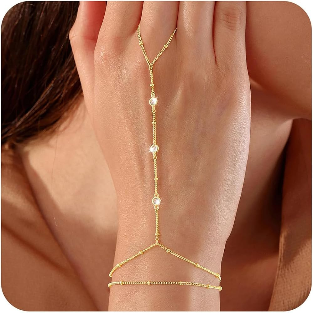 M MOOHAM 14K-Gold-Plated Hand Chain Bracelet for Women, Dainty Ring Bracelet Hands Chain Cubic Zi... | Amazon (US)