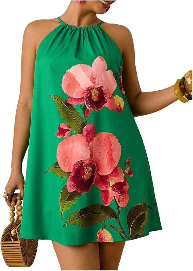 Floerns Women's Plus Size Summer Floral Halter Dresses Sleeveless Vacation Mini Dress | Amazon (US)