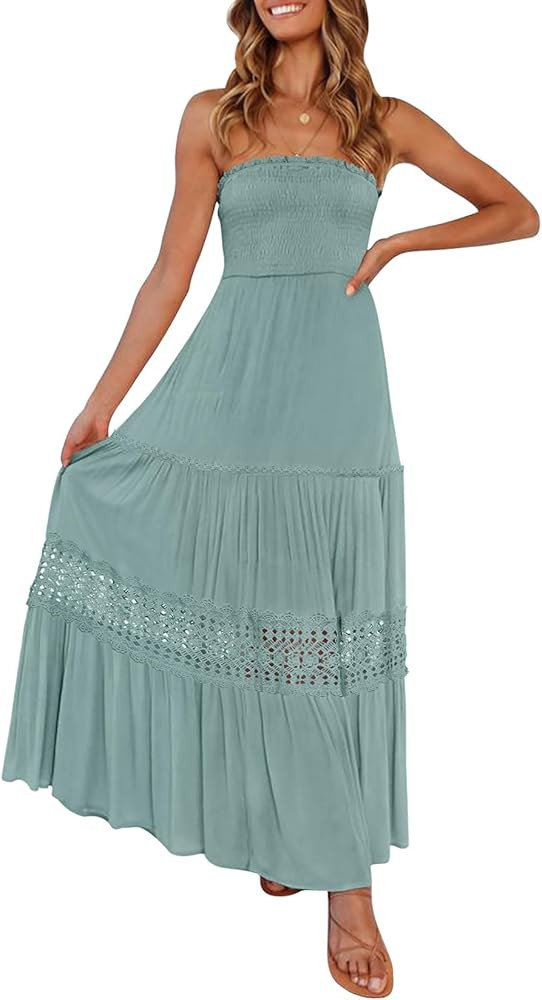 ZESICA Women's 2025 Summer Bohemian Strapless Off Shoulder Lace Trim Backless Flowy A Line Beach ... | Amazon (US)