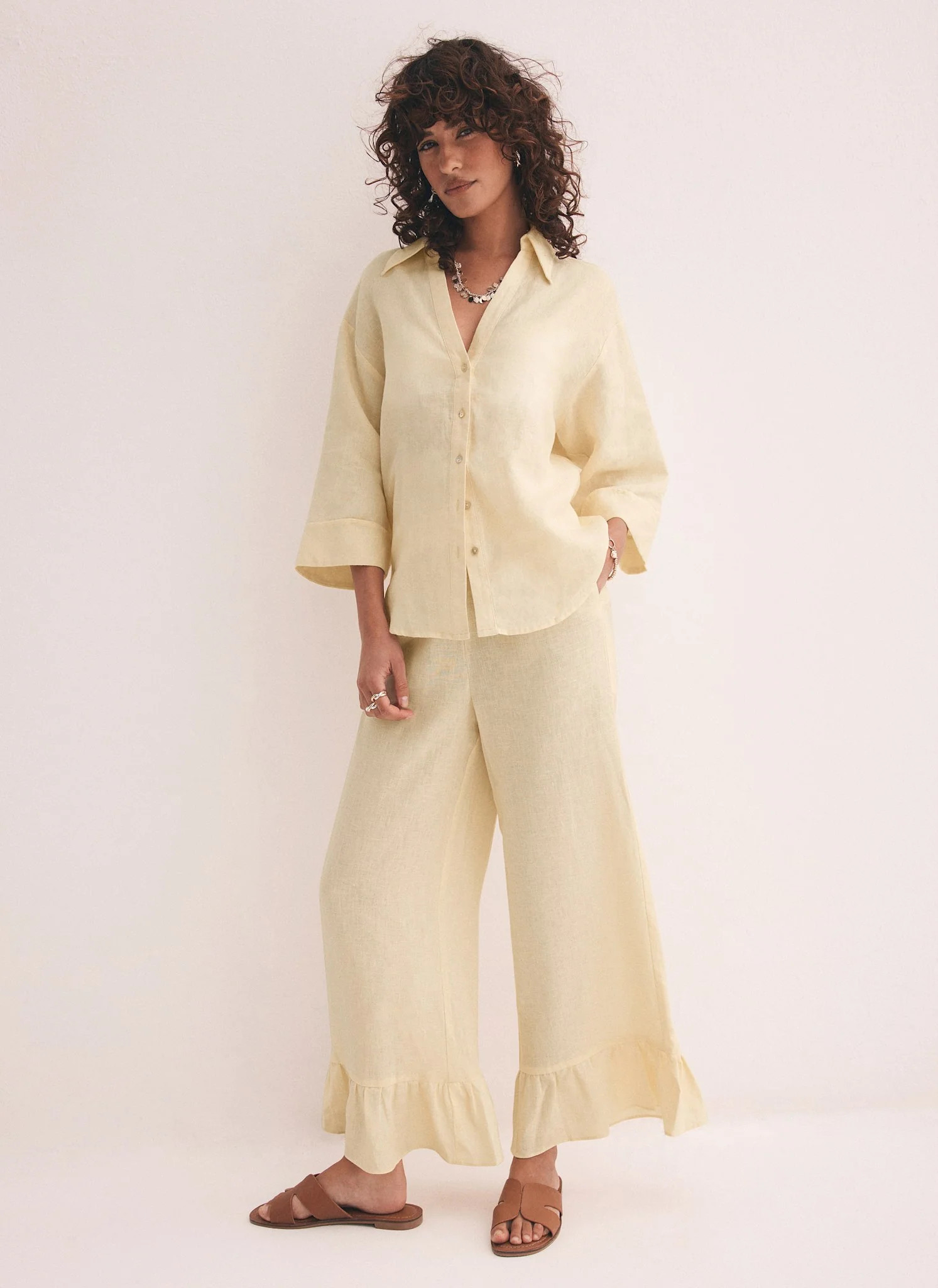 Yellow Linen Wide Ruffle Trousers | Mint Velvet