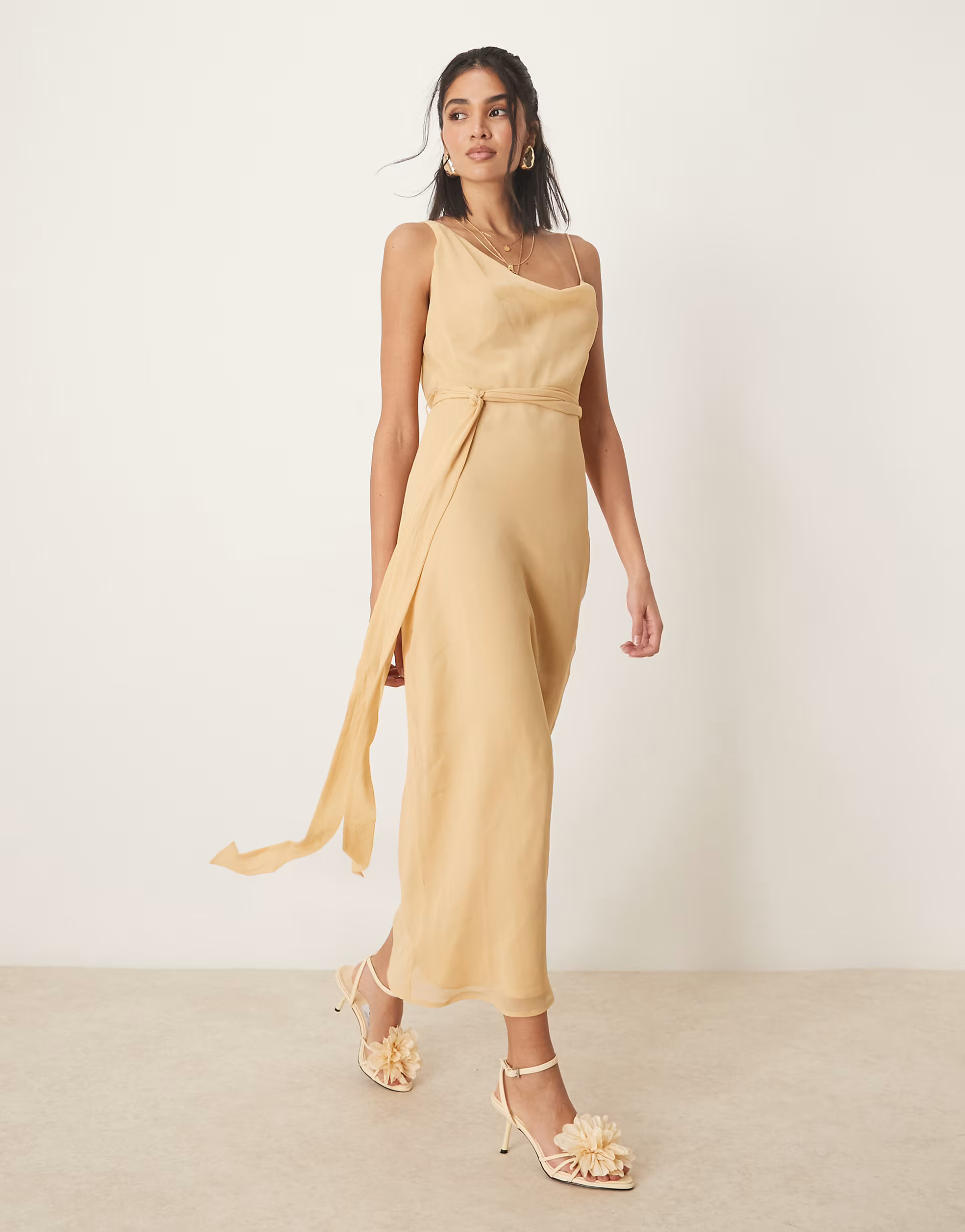 ASOS DESIGN asymmetric cowl neck slip midaxi dress with wrap around tie detail in sand | ASOS | ASOS (Global)