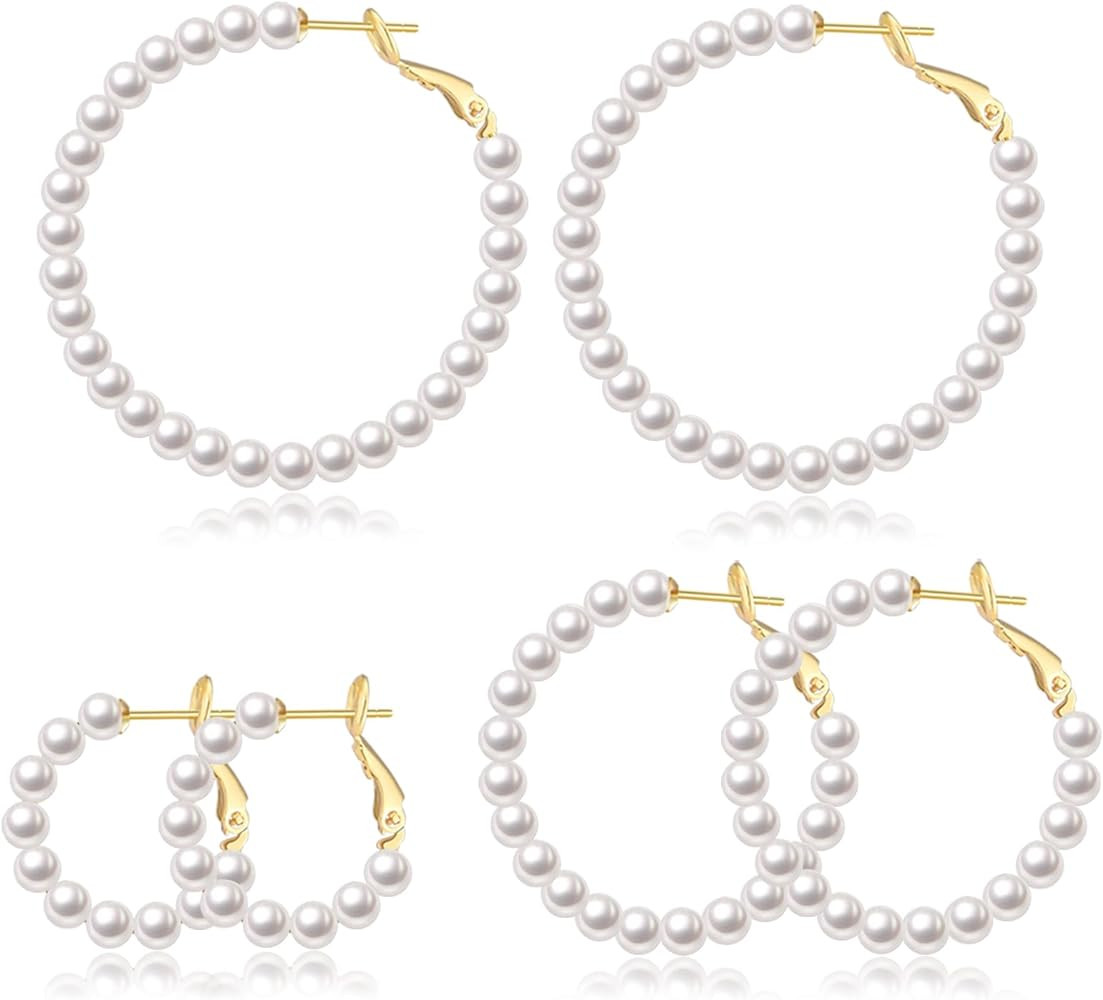 CERSLIMO Pearl Hoop Earrings for Women - 3 Pairs 14K Gold Plated & Sterling Silver Post Big Large... | Amazon (US)