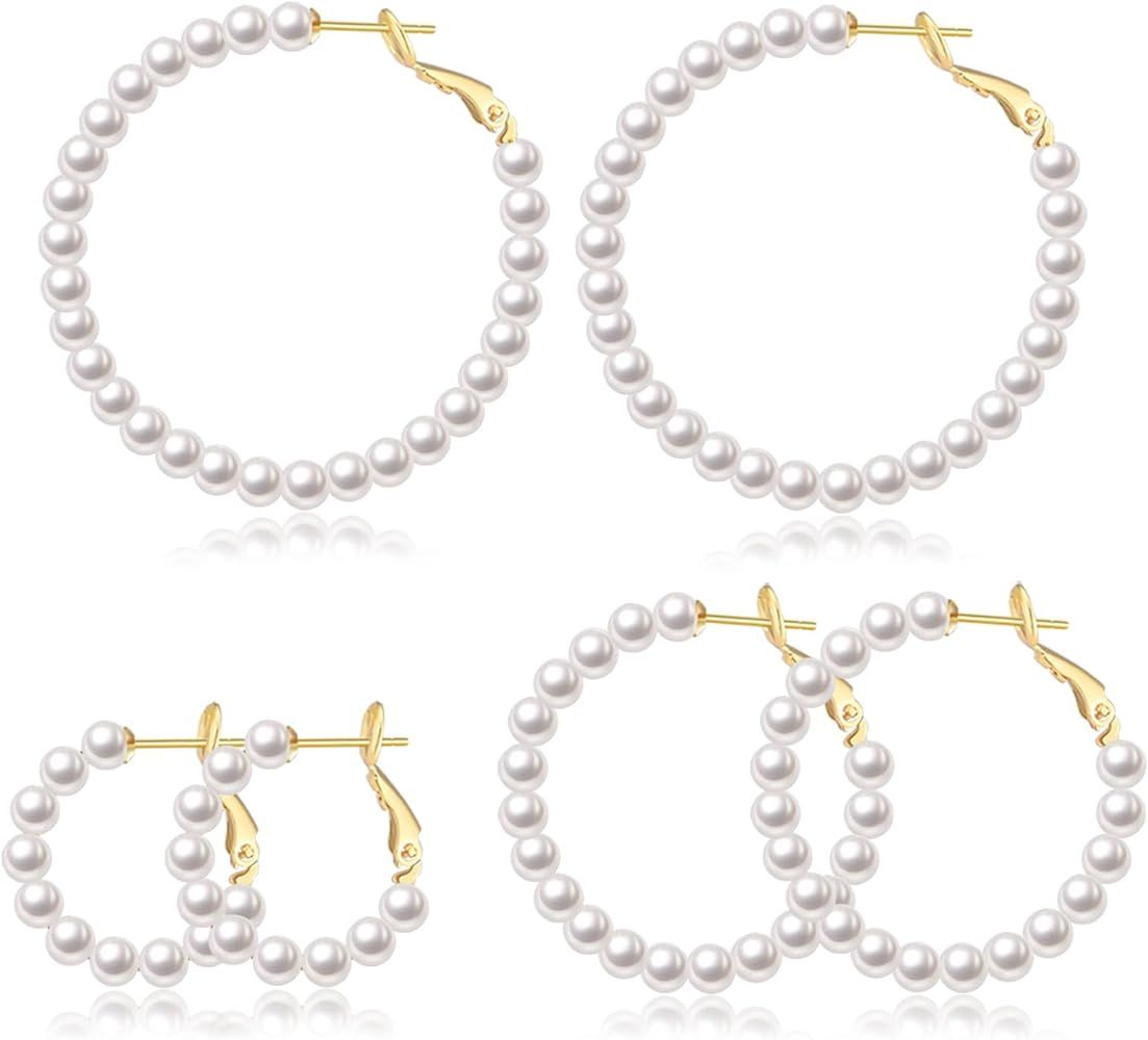 CERSLIMO Pearl Hoop Earrings for Women - 3 Pairs 14K Gold Plated Pearl Hoop Earrings Set, S925 St... | Amazon (US)