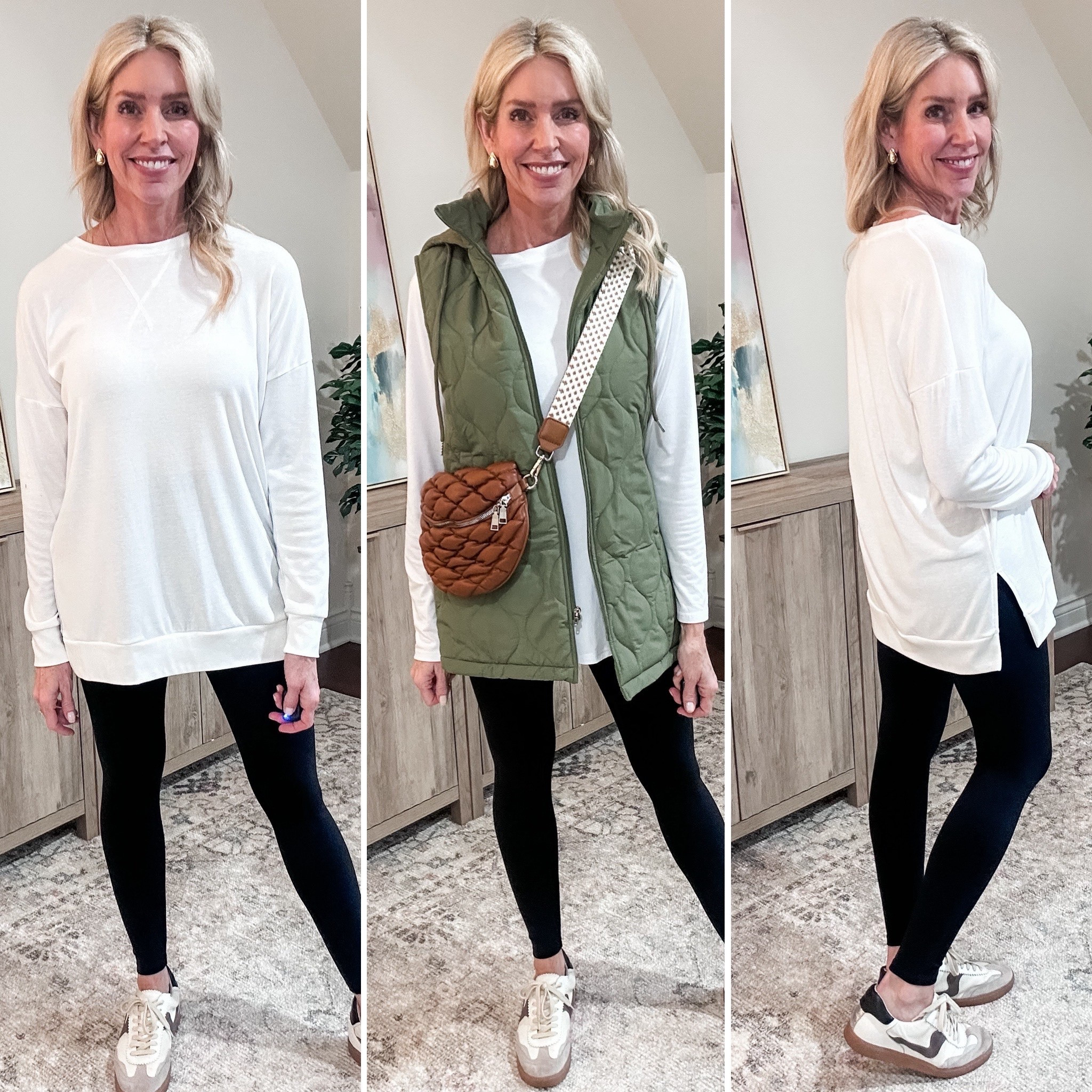At 54, I'm not giving up my leggings but I like to cover up the 🍑. So I wear an Amazon tunic top and comfy vest, flattering seamless front leggings and always add accessories!

Vest comes in 5 sizes and 10 colors and fits true to size. I sized up in the tunic for a roomier fit. Leggings run true to size. 

#LTKootd #LTKOver40 #LTKFindsUnder50