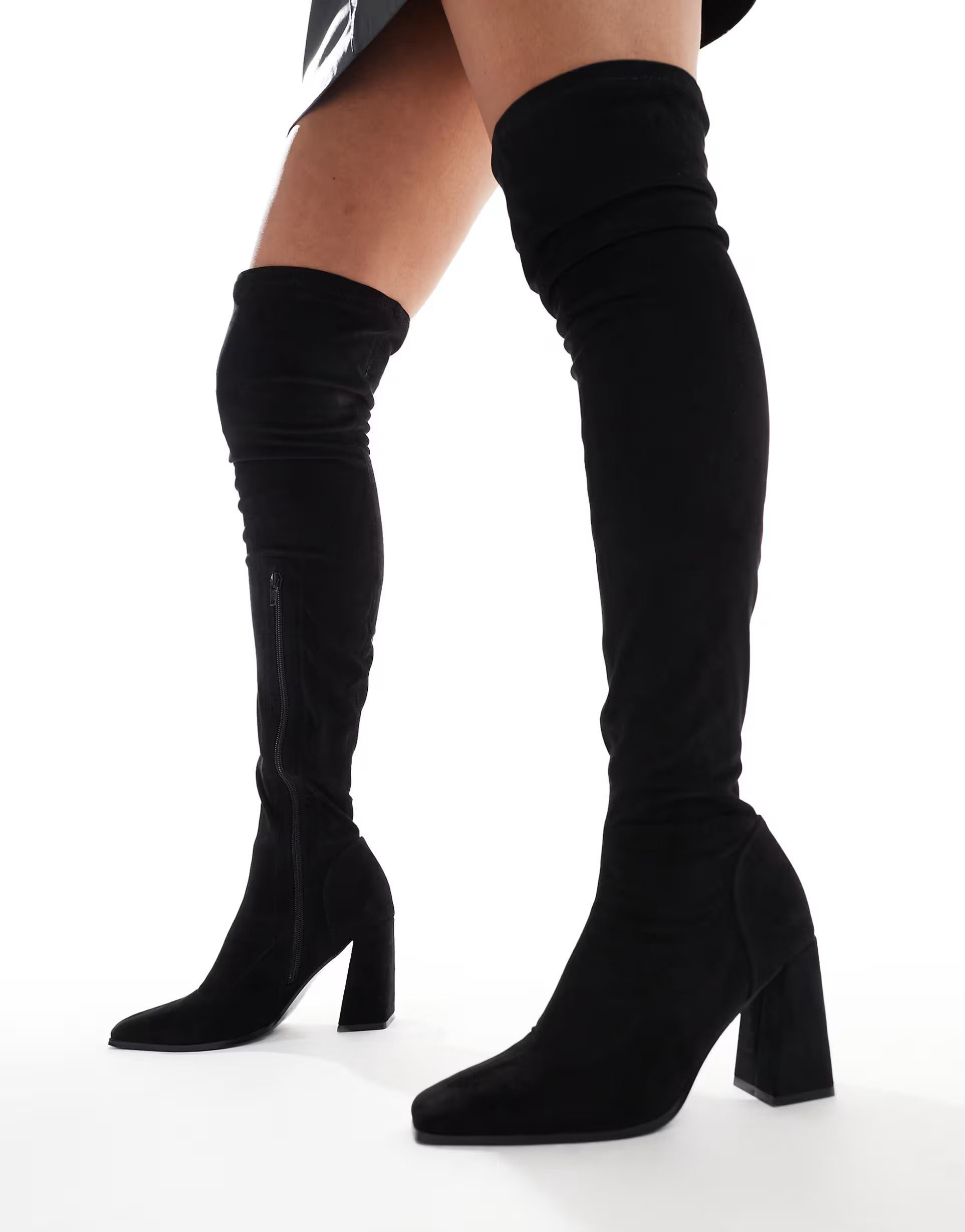 ASOS DESIGN Wide Fit Keely block-heeled over the knee boots in black micro | ASOS | ASOS (Global)