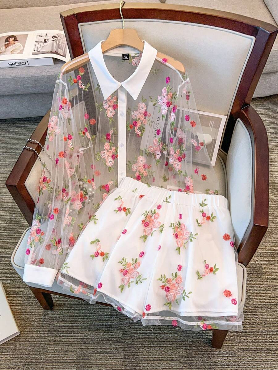 Regalyn Plus Size Women Stand Collar Cardigan Floral Embroidery Transparent Design Casual Top For... | SHEIN