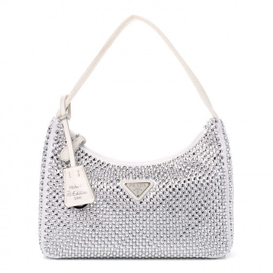 PRADA Satin Crystal Mini Re-Edition Bag White | Fashionphile