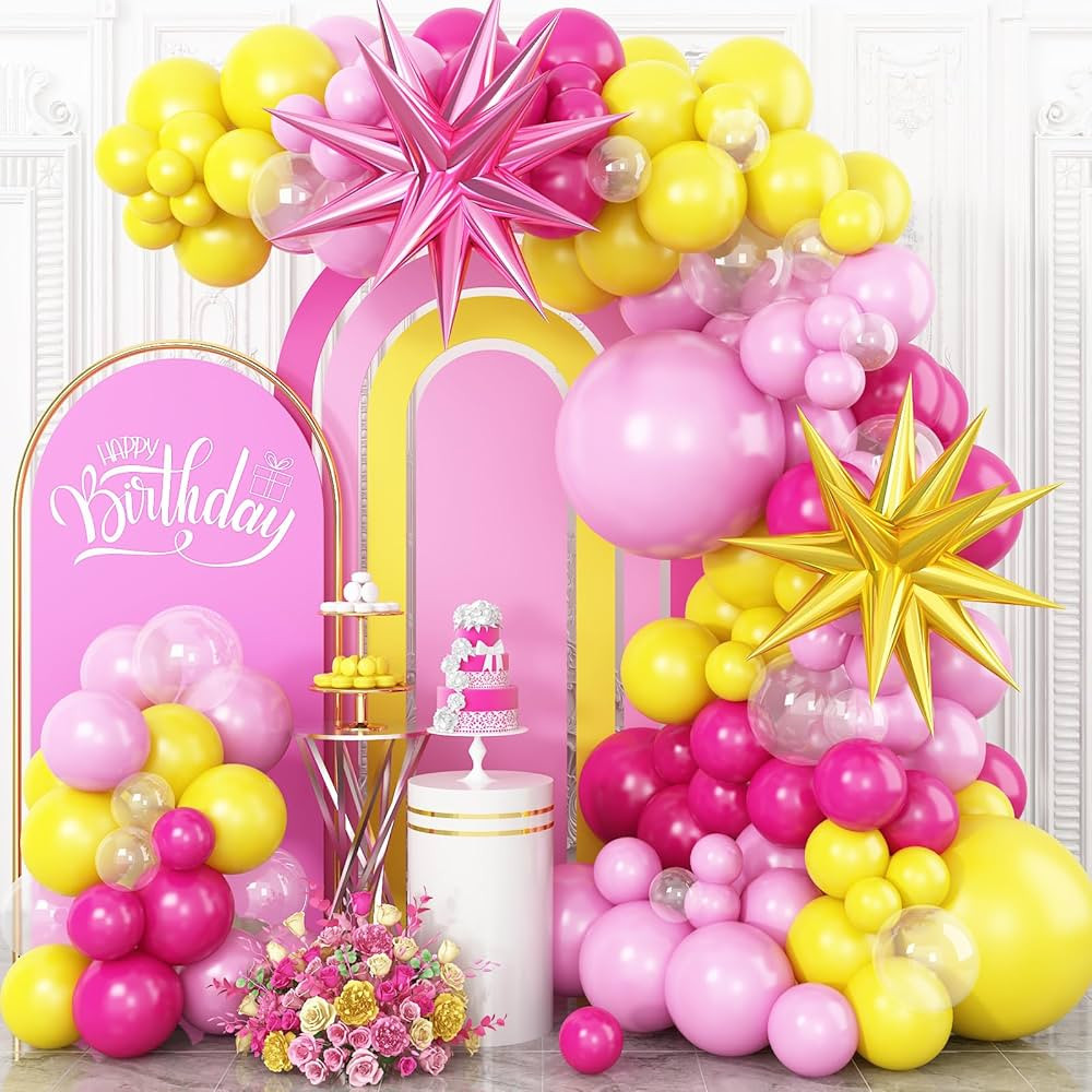Hot Pink Yellow Balloon Arch Kit, Yellow Pink Clear Balloon Garland Kit with Large Pink Gold Star... | Amazon (US)