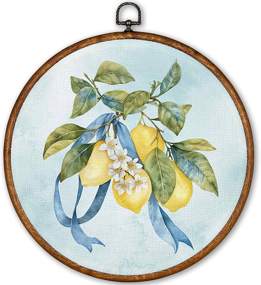 TLESKE Chinoiserie Lemon Round Wall Art Decor Framed 10x10, Vintage Blue Canvas Wall Art Prints A... | Amazon (US)