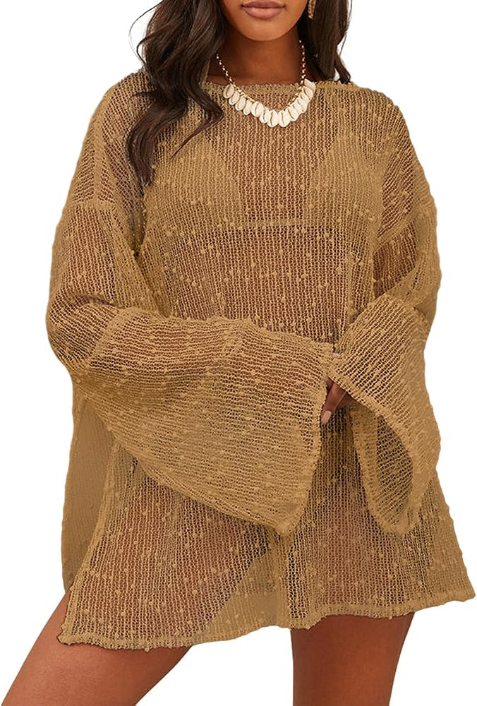 Lilosy Sexy Crochet Sheer Kaftan Caftan Beach Dress Bathing Suit Swim Coverup One Piece | Amazon (US)