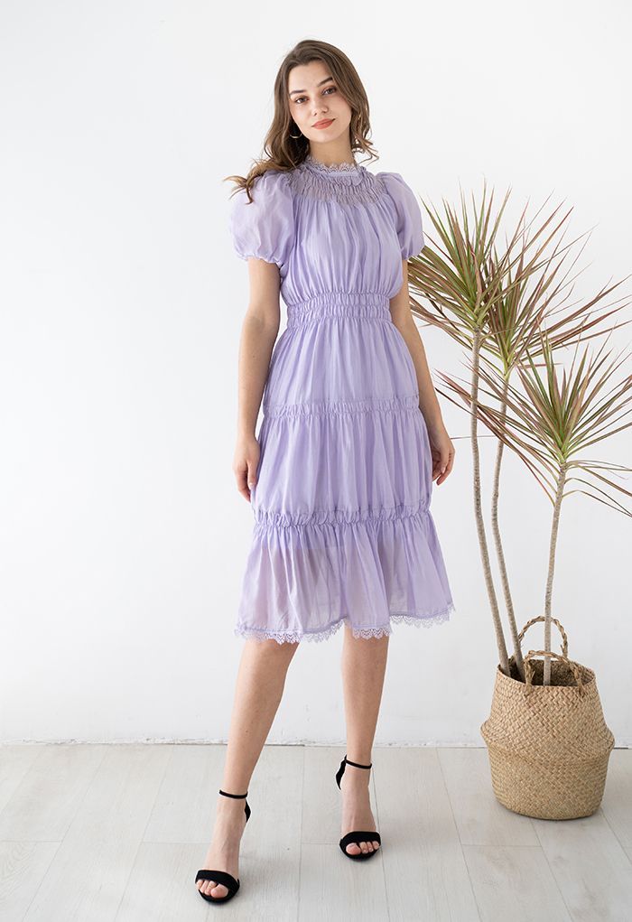 Lilac Dream Short-Sleeve Shirred Dress | Chicwish