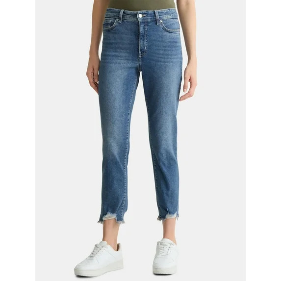 Time and Tru Women's High Rise Straight Leg Destructed Hem Jeans, 26" Inseam, Sizes 0-20 | Walmart (US)