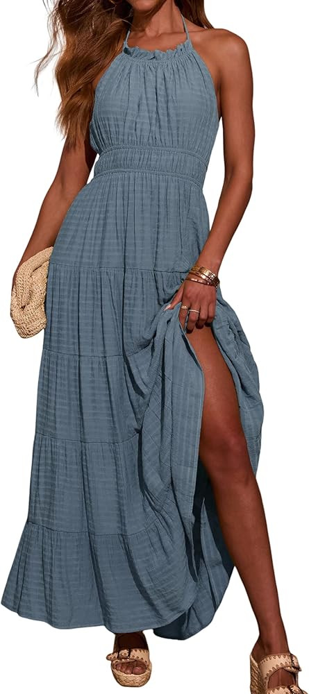 R.Vivimos Maxi Halter Dresses for Women Summer 2025 Boho Sleeveless Elastic Waist Sexy Backless T... | Amazon (CA)