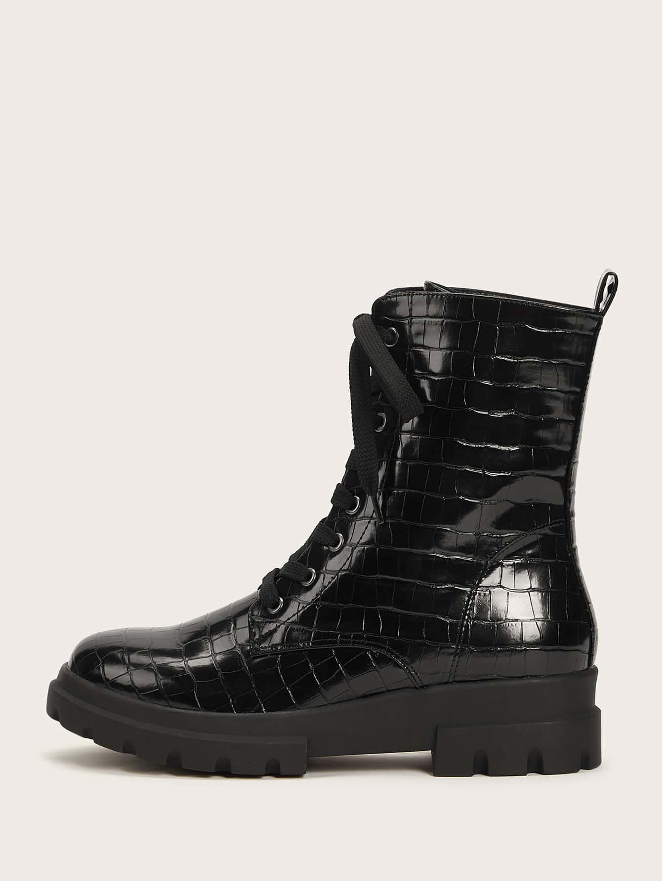Lace-up Front Croc Embossed Combat Boots | SHEIN