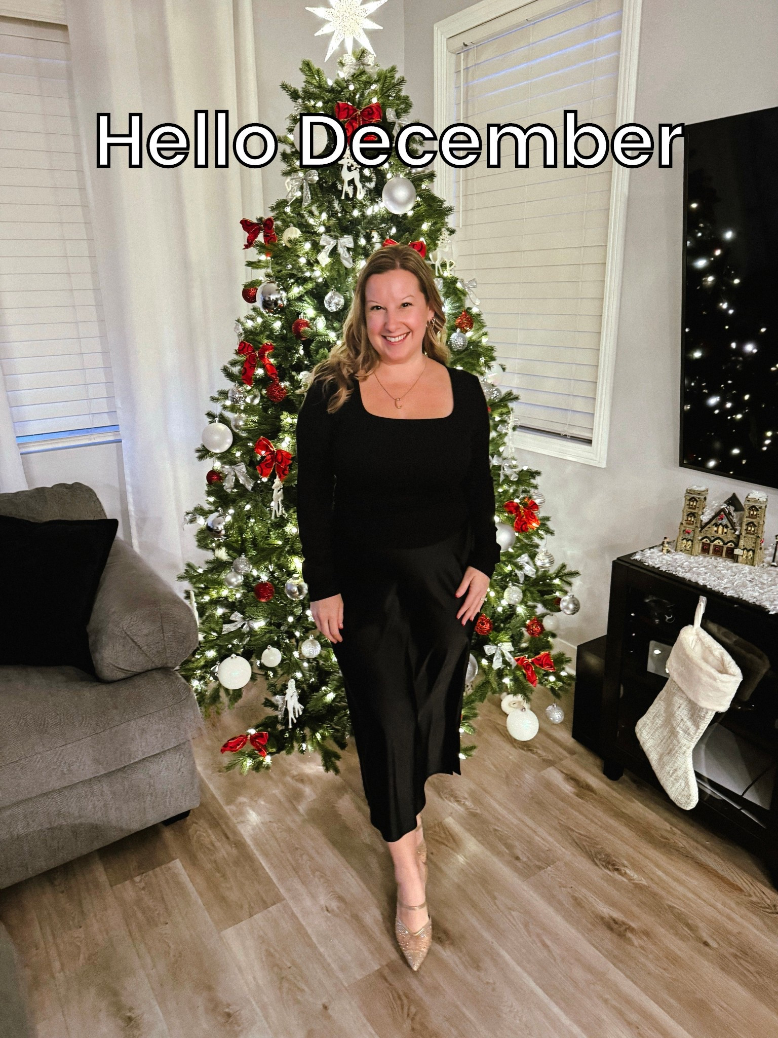 Happy December! Holiday outfit inspo for the season 🖤 A classic black top + satin skirt combo that’s elegant, flattering, and perfect for parties, photos, and family gatherings🎄✨

#LTKHoliday #LTKPetite #LTKootd