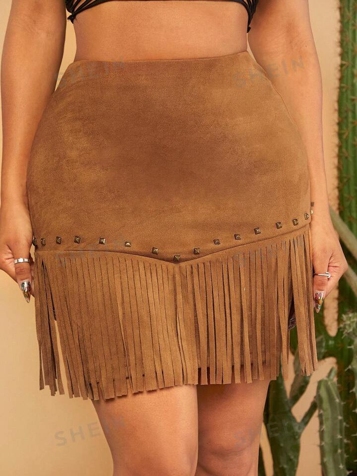 SHEIN SXY Studded Detail Fringe Hem Suedette Skirt | SHEIN