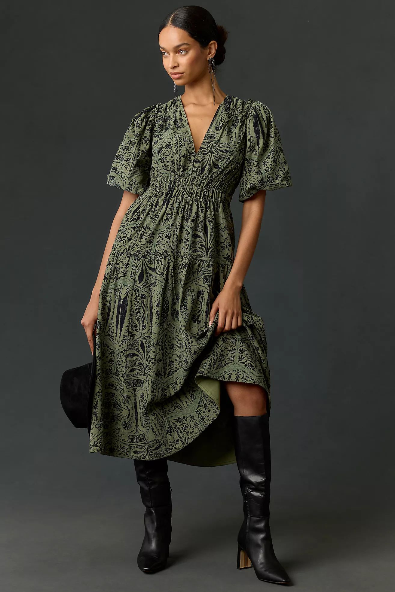 Pilcro Corduroy Ruched Printed Midi Dress | Anthropologie (US)