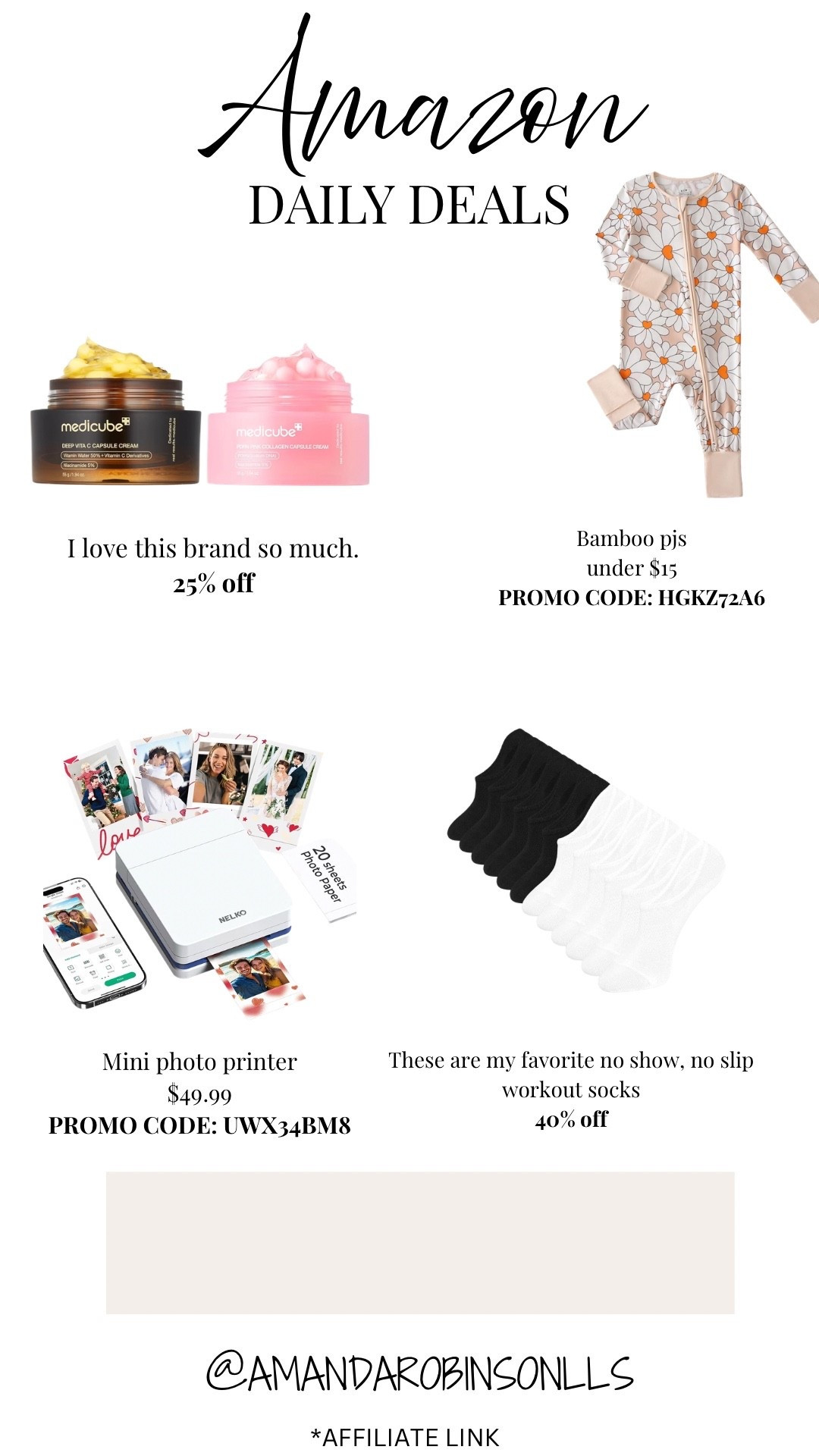 Amazon daily deals
Medicube skincare 
Bamboo infant pjs
Mini photo printer 
No show, no slip socks 

#LTKBeauty #LTKSaleAlert #LTKBaby