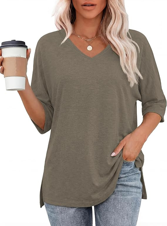 Totatuit Womens Oversized Tee Shirts Short Sleeve V Neck Blouse Side Slit Basic Tshirts Loose Fit... | Amazon (US)