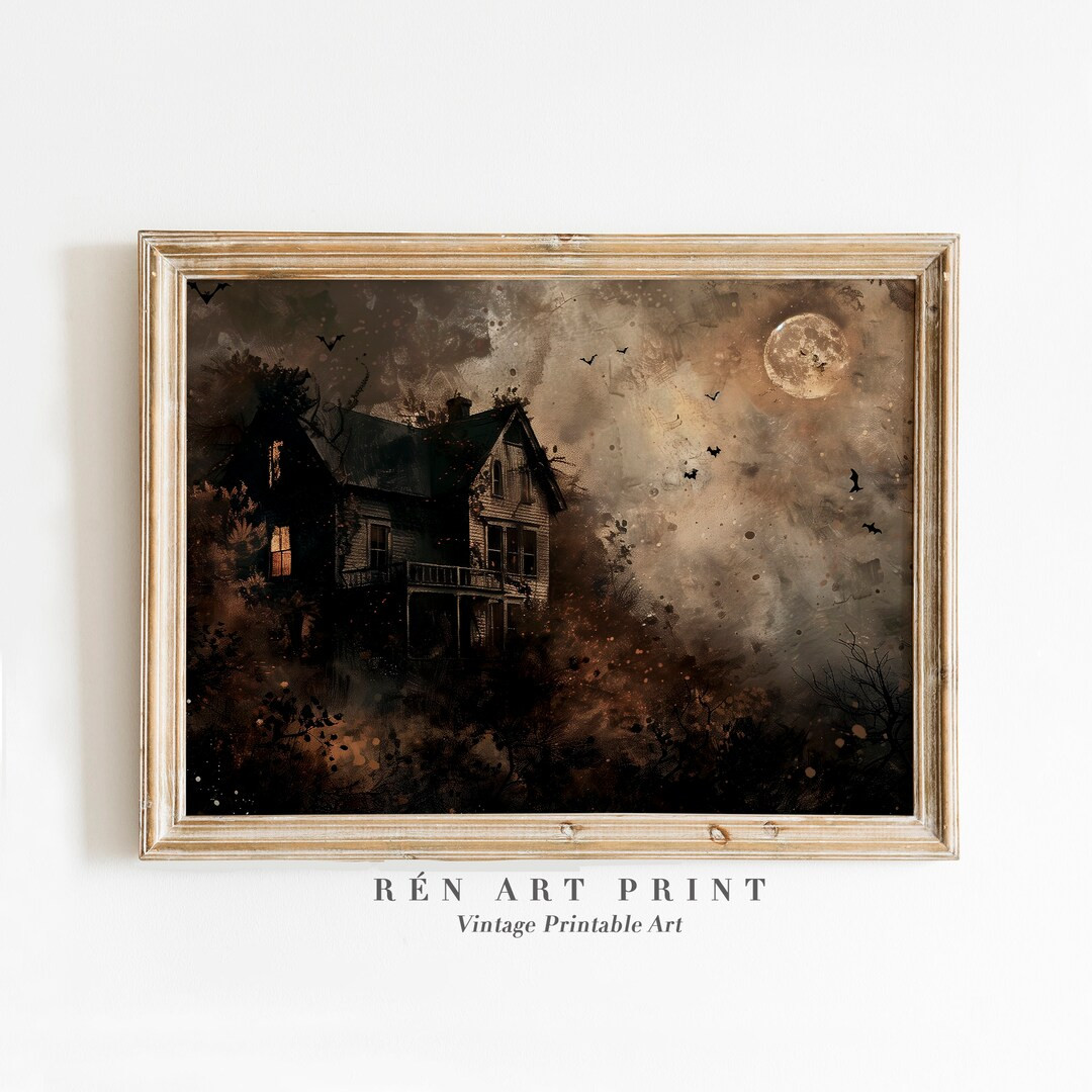 Vintage Haunted House Art Print | Halloween Printable Wall Art | Spooky Night Wall Decor | Moody ... | Etsy (US)