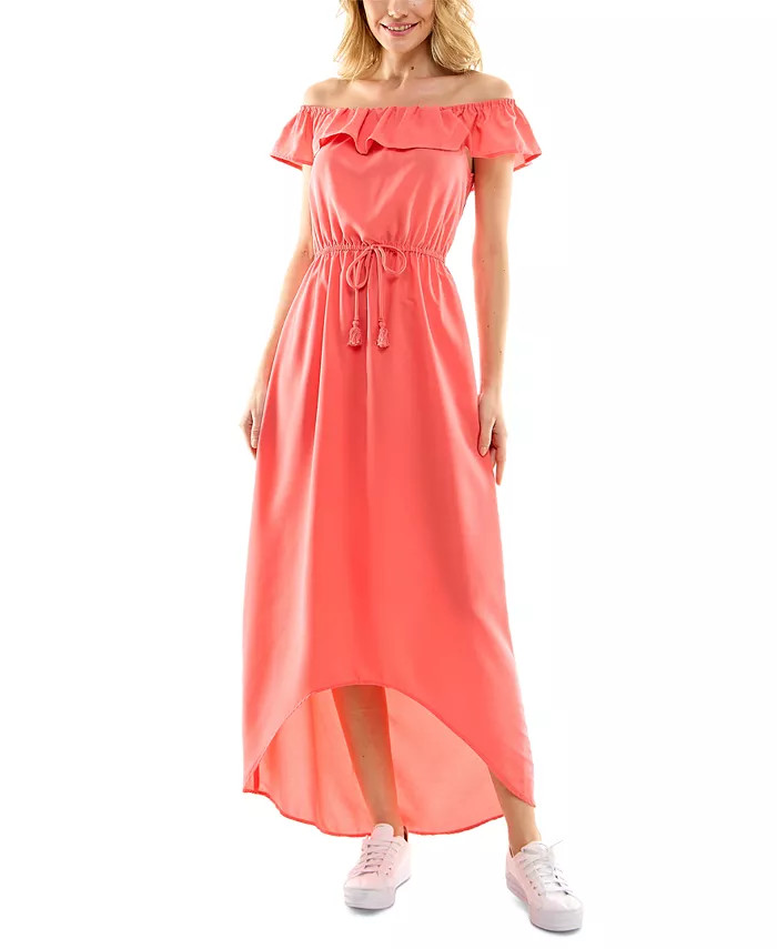 Juniors' Off-The-Shoulder High-Low Maxi Dress | Macys (US)
