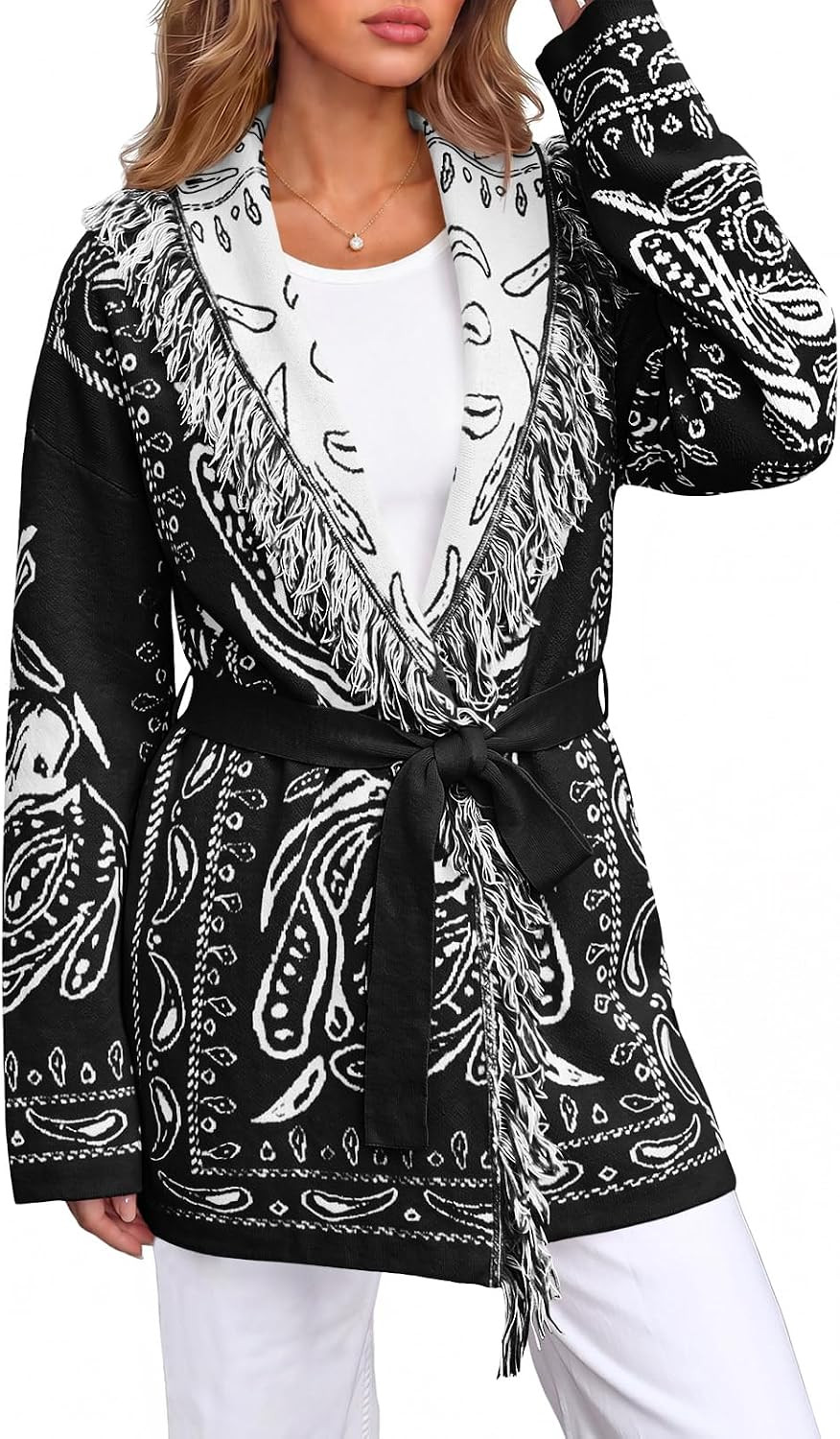 Saodimallsu Womens Fall Tassel Shawl Collar Cardigan Paisley Wrap Sweaters | Amazon (US)