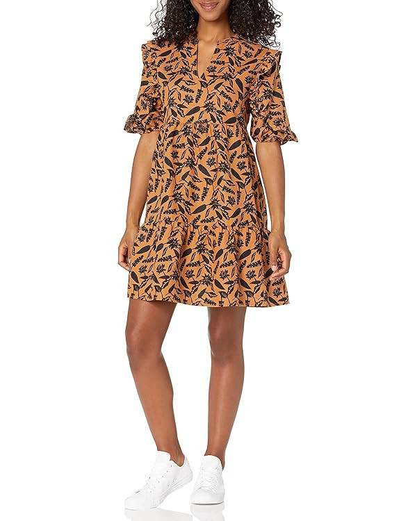 Goodthreads Women's Washed Linen Elbow Sleeve Split Neck Tiered Dress | Amazon (US)