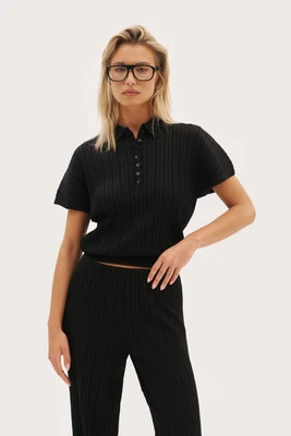 Fine Knit Pointelle Polo - Black | Maebe UK