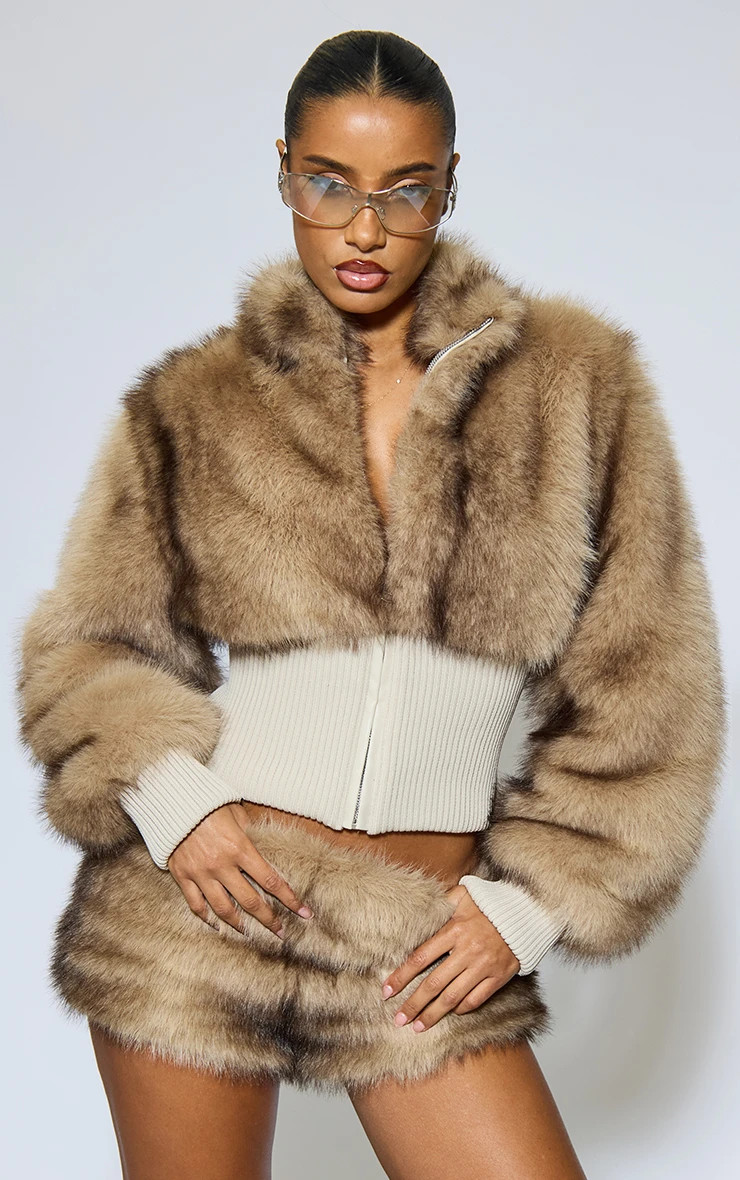 Cinched Waist Zip Up Jacket In Light Brown Faux Fur | EGO Shoes (US & Canada)