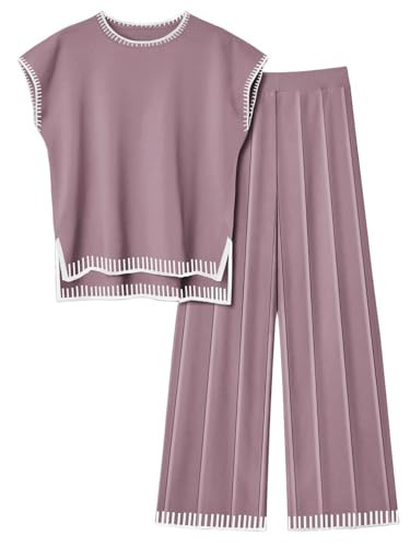 Ekouaer Womens Matching Sets Knit Sweater Sets 2 Pieces Outfits Pullover Tops Wide Legs Pants Lounge Set Purple | Amazon (US)