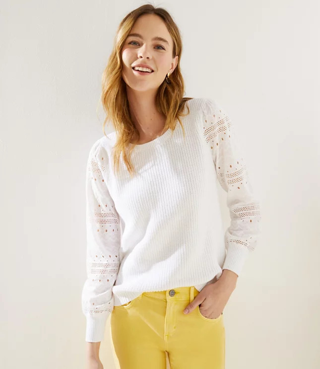 Eyelet Sleeve Mixed Media Sweater | LOFT