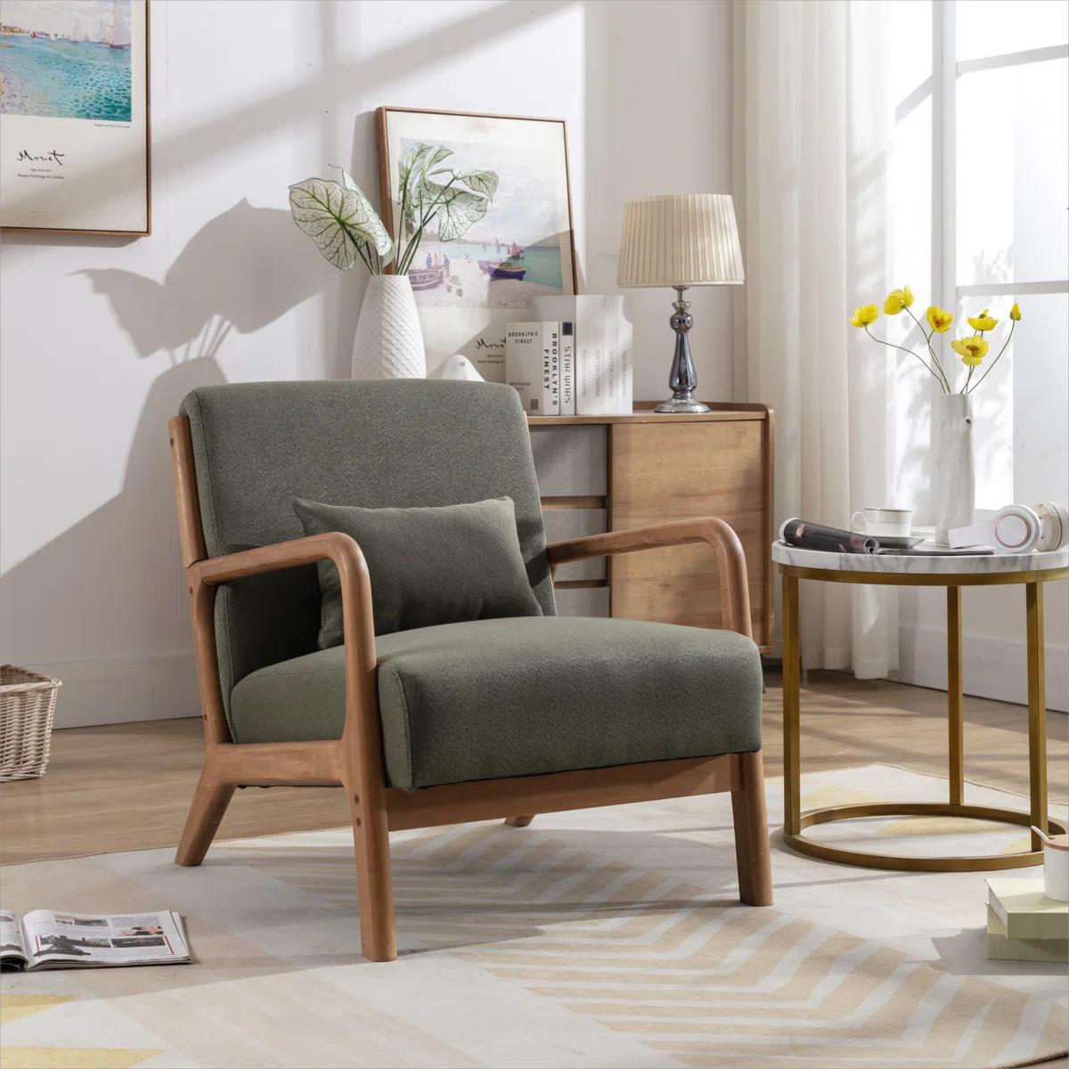 Hertford 26" Wide Mid Century Upholstered Solid Wood Accent Chair with an Extra Pillow | Wayfair North America