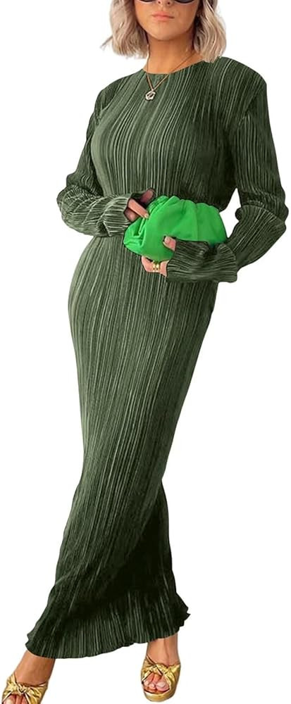Annystore Women's Long Sleeve Loose Dress Pleated Crew Neck Slim Bodycon Plain Casual Maxi Dresse... | Amazon (US)