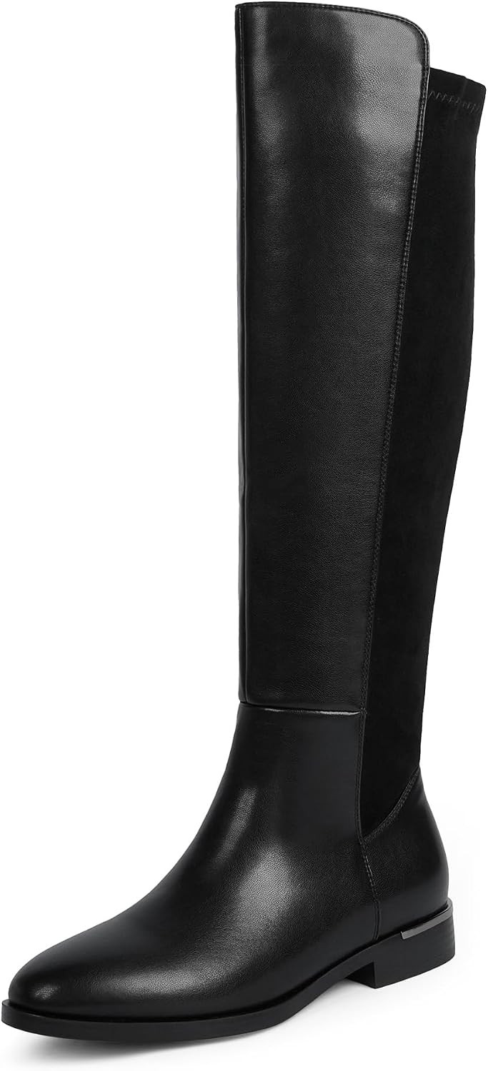 Rounded Toe Flat Stretchy Dress Knee High Boots Side Zipper | Amazon (US)