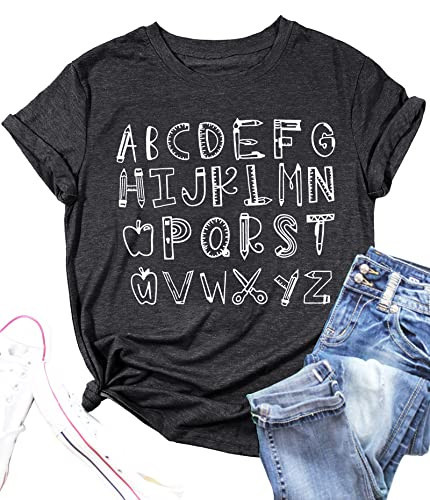 Teacher Shirt Women Teaching Tshirt Alphabet Graphic Tee Tops Kindergarten Teachers Gift T-Shirt Grey | Amazon (US)