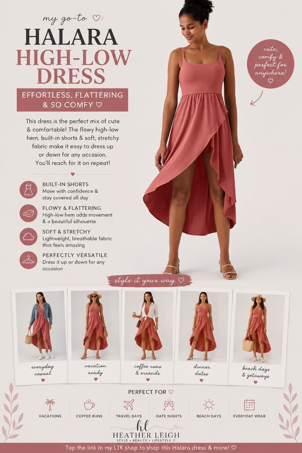 ✨ Effortless, feminine, and SO comfortable 🤍

This Halara high-low dress is one of those pieces that instantly makes you feel put together while still being unbelievably comfy ✨ I’m obsessed with the flowy fit, built-in shorts, and how easy it is to dress up or down depending on the day.

Perfect for:
🤍 Vacation dinners
🤍 Coffee runs
🤍 Beach days
🤍 Date nights
🤍 Travel days
🤍 Everyday wear

The color is absolutely gorgeous too 💕

#halara #halarastyle #heatherleighfinds #ltkstyle #everydayfashion #vacationoutfit #effortlessstyle #femininefashion #travelstyle #dressinspo