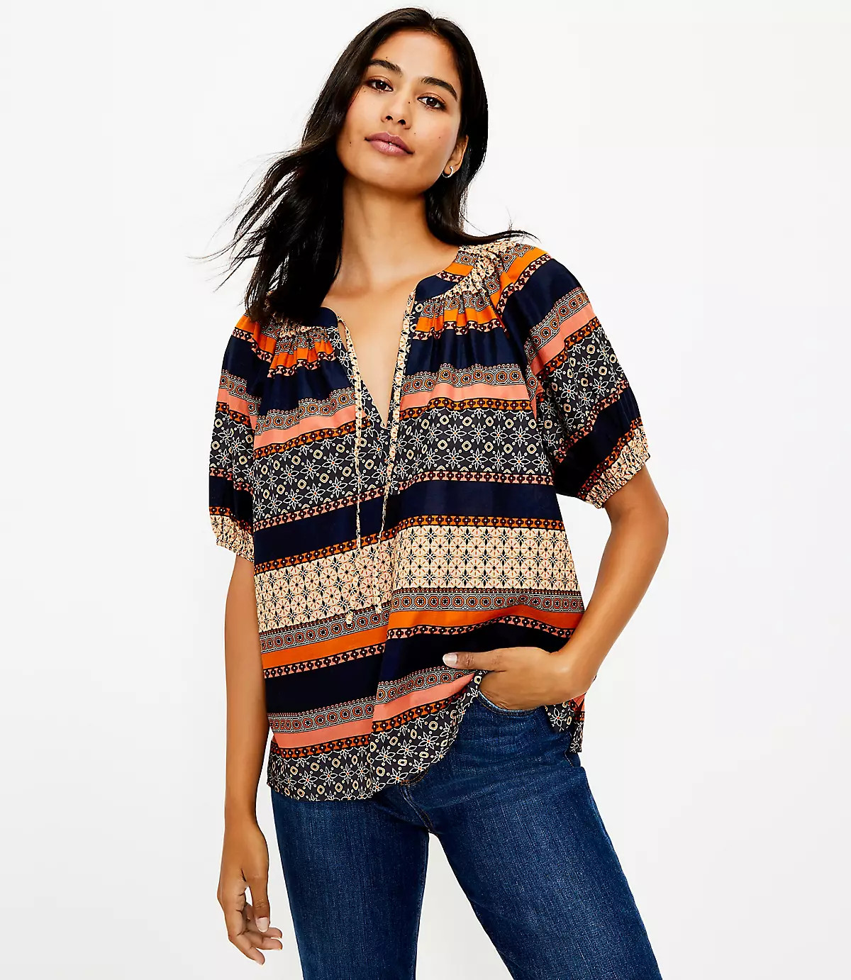 Foulard Tie Neck Puff Sleeve Top | LOFT