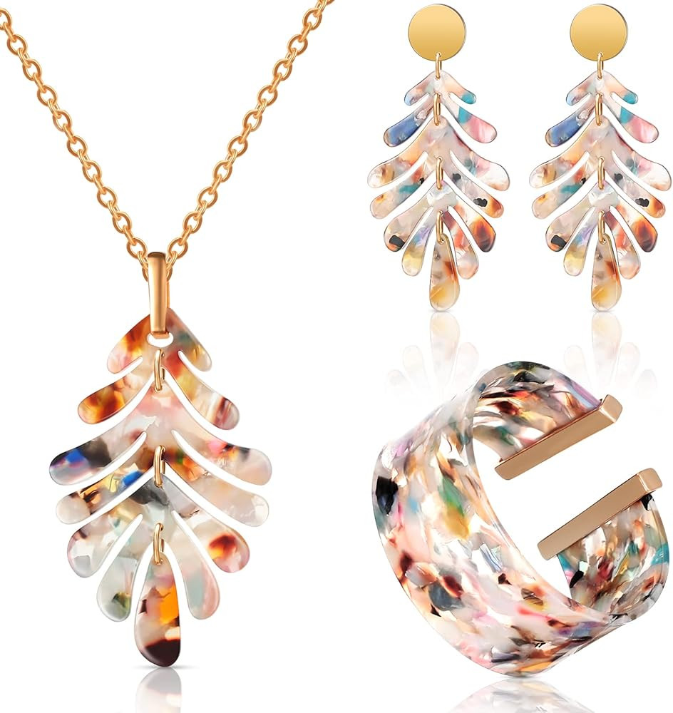 Kenning 4 Pcs Acrylic Jewelry Set for Women Statement Boho Resin Earrings Long Necklace Chunky Br... | Amazon (US)