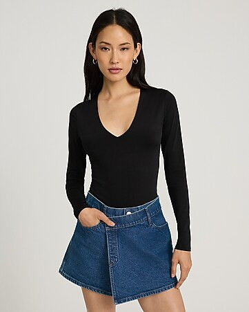 Body Contour Silky V-neck Long Sleeve Thong Bodysuit | Express