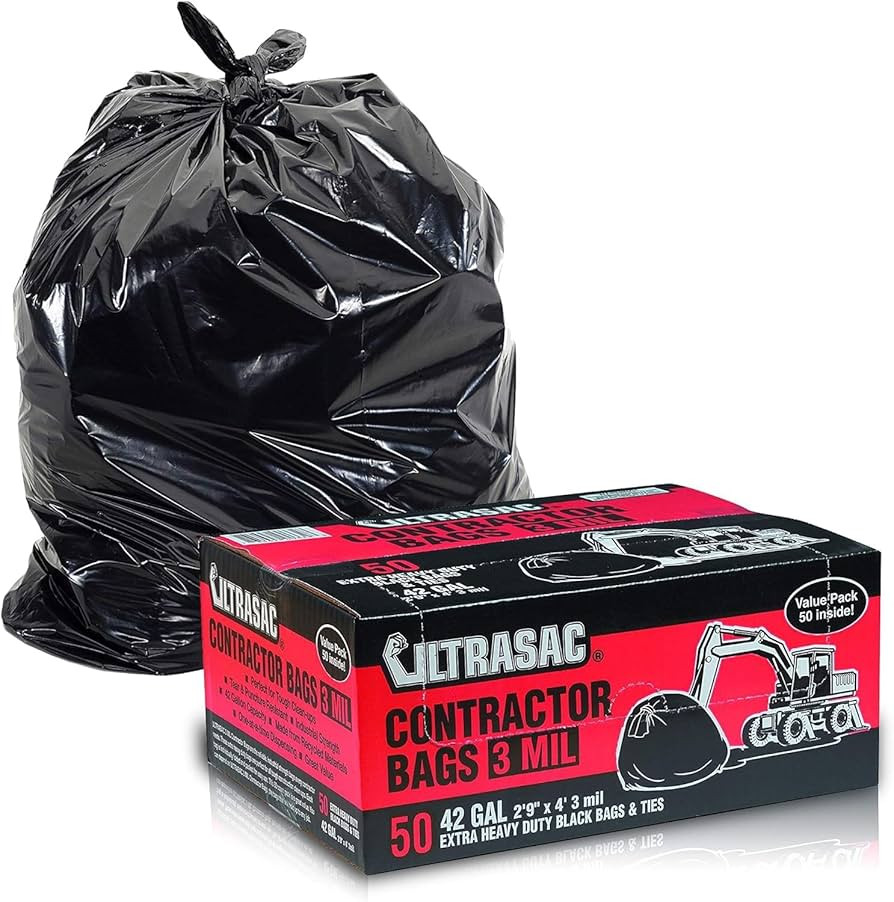 Ultrasac Heavy Duty Contractor Bags (VALUE 50 PACK/w TIES), 42 Gallon, 32.75" X 47" - 3 MIL Thick... | Amazon (US)