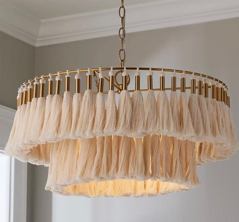 Boho Fringe Chandelier, Cotton Pendant Light, Fringe Light Fixture, Tassel Lamp Shade, Nursery Li... | Etsy (US)