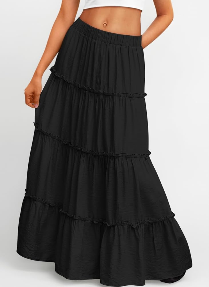 LILLUSORY Maxi Skirts for Women UK Summer Boho Long Skirt Swing Tiered A-Line Elastic High Waist ... | Amazon (UK)