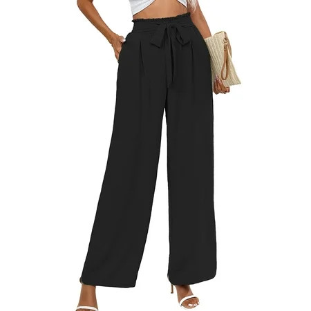 Chiclily Women's Wide Leg Pants with Pockets Lightweight High Waisted Adjustable Tie Knot Loose Trousers Flowy Summer Beach Lounge Pants, US Size Large in Black | Walmart (US)